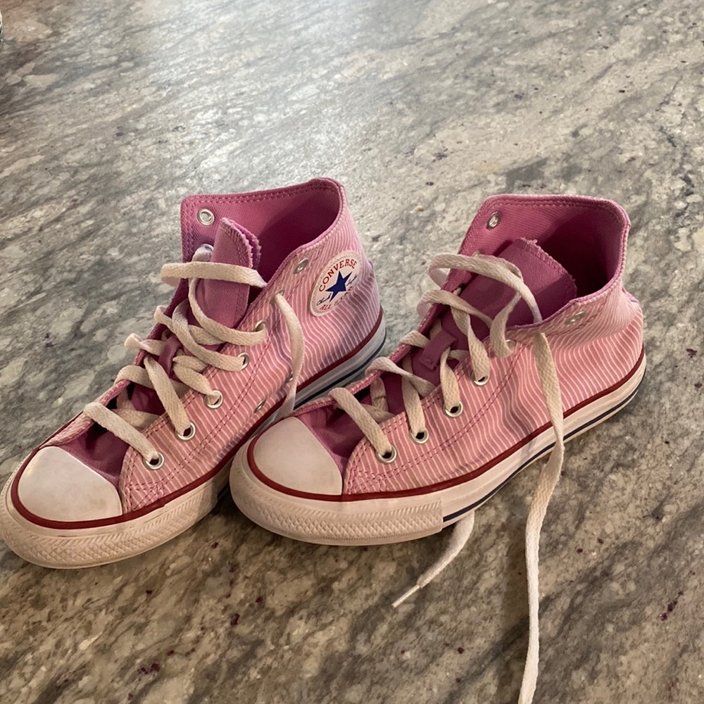Pink pinstripe Converse high tops